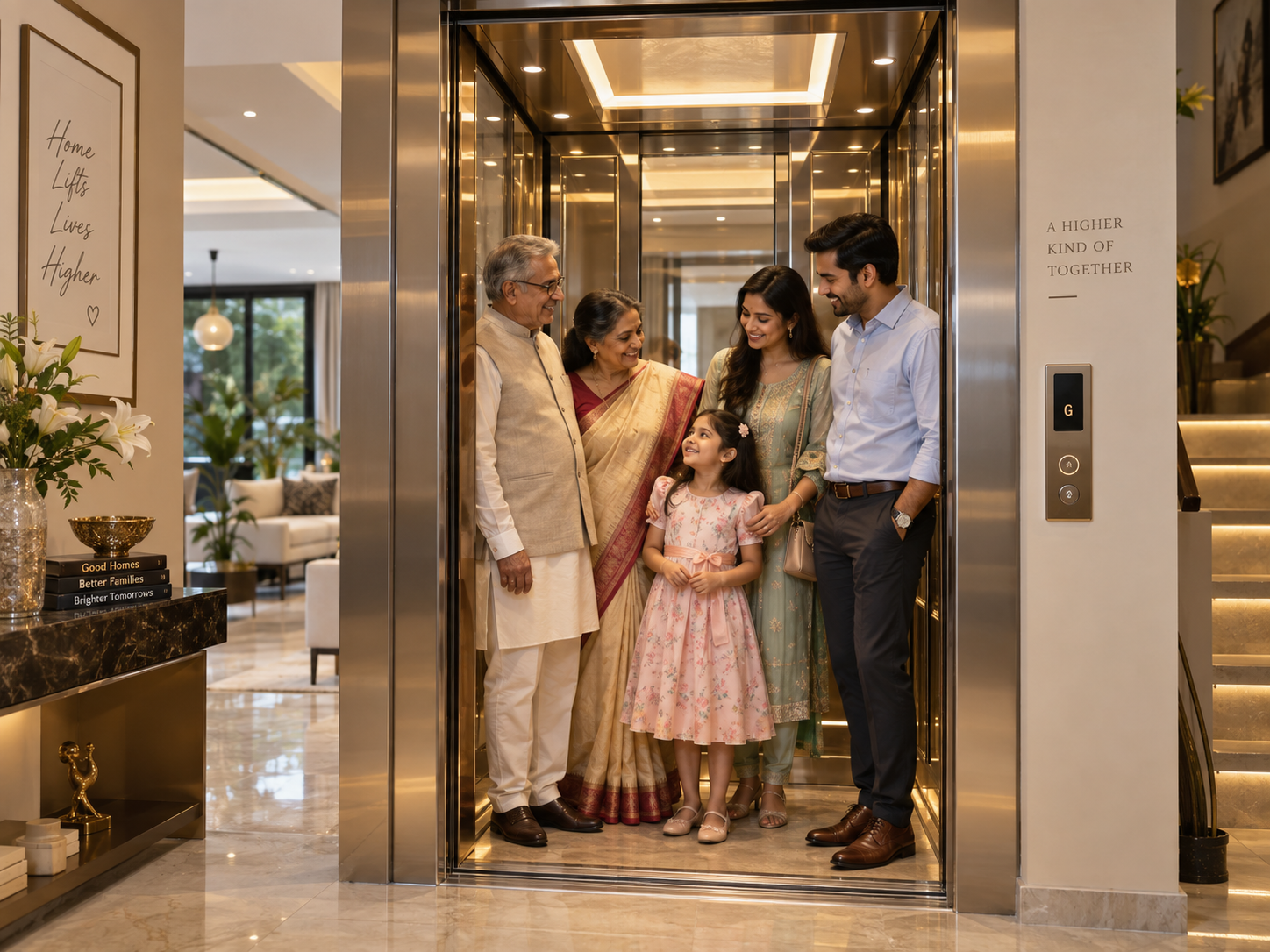 Three generations of a family stepping out of a Hyrise home elevator into a marble-floored residential lobby